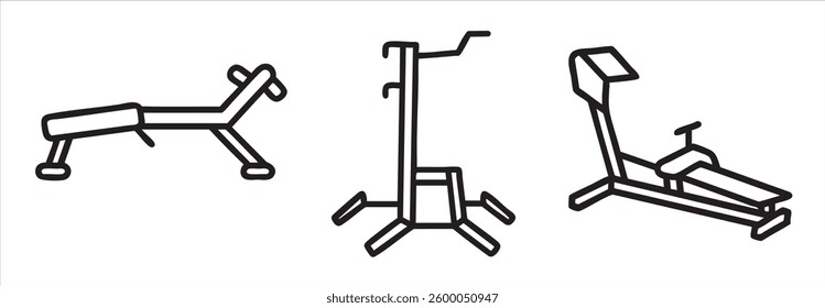 Three fitness equipment illustrations in a minimalist style.