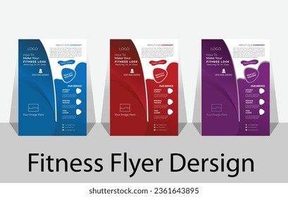 Three fitness flyer design layout template A4. Blue  red purple abstract presentation slide templates. Fitness abstract vector template. Brochure design Unique flyer templates set are in 3 design.