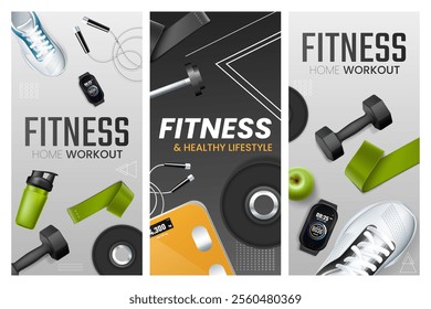 Three fitness-themed banners featuring workout equipment like dumbbells, sneakers, a smartwatch, and a water bottle, promoting home workouts and a healthy lifestyle.