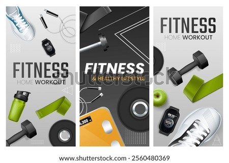 Three fitness-themed banners featuring workout equipment like dumbbells, sneakers, a smartwatch, and a water bottle, promoting home workouts and a healthy lifestyle.