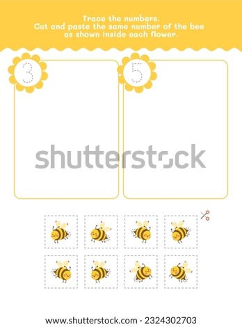 Three And Five Count And Tracing Number Worksheet. Cut And Paste Worksheet With Pictures. Premium Vector Element.