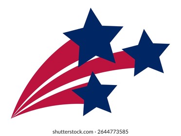 Three five pointed blue stars are soaring through a white background, leaving red and white trails, creating a dynamic and patriotic image, perfect for celebrating United States holidays or events