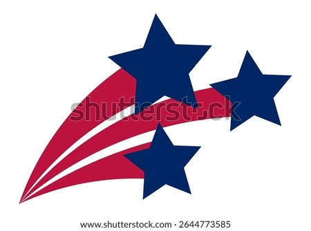 Three five pointed blue stars are soaring through a white background, leaving red and white trails, creating a dynamic and patriotic image, perfect for celebrating United States holidays or events