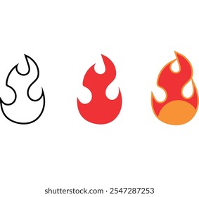 Three flame icons in different styles: a simple black and white line drawing, a solid red flame, and a detailed flame with red, orange, and yellow gradients, ideal for graphic design purposes