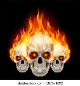 Three flaming skulls with fiery eyes. Illustration on black background