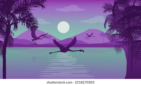 Three Flamingos Flying Over the Lake Towards the Forest - Beautiful 2d Landscapes Silhouette Wallpaper