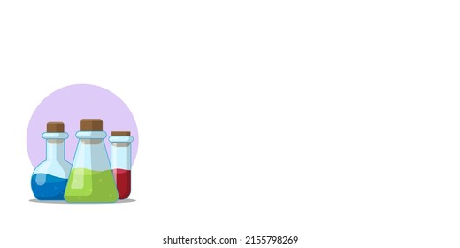 Three flasks against a purple circle on a white background. Banner, vector.