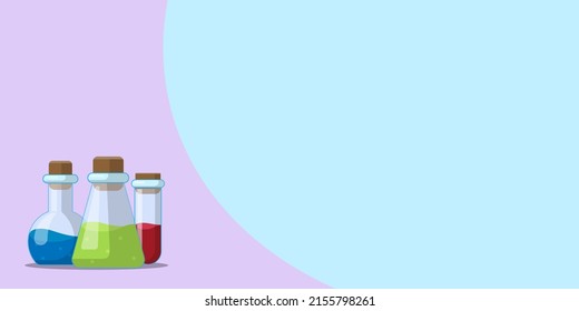 Three flasks on a purple and blue background. Banner, vector.