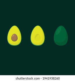 Three flat avocado silhouettes isolated on dark background. Half part with seed, empty and full fruit