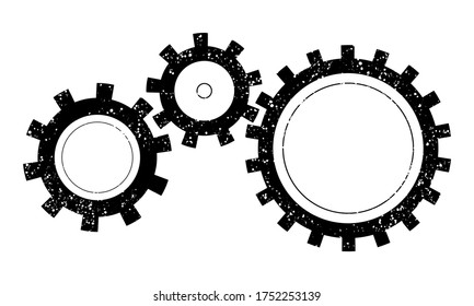 Drei flache schwarze Zahnräder mit glatter Textur in einem einzigen Mechanismus Teamwork Konzept. Radbetriebsgrundsatz für Logo oder Symbol. 
