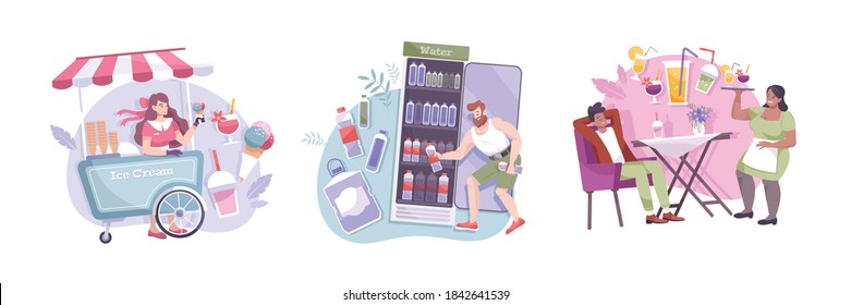 Three flat cool drink composition icon set with ice cream truck cocktail in the cafe and cold bottle of water vector illustration