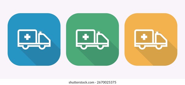 Tres iconos planos de la ambulancia del diseño en verde azul y naranja con sombras largas