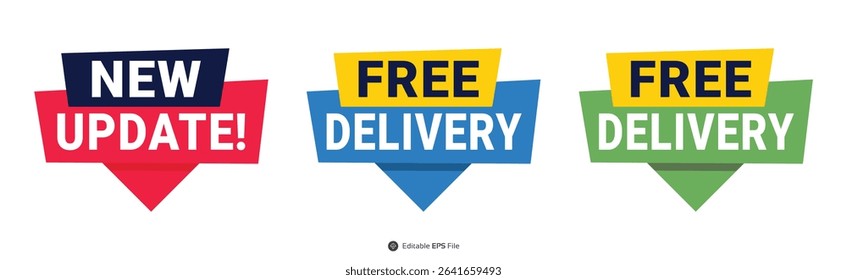 Three Flat Design Banners New Update Free Delivery Announcement Red Blue Green Yellow