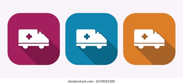 Tres iconos de diseño plano de ambulancias con símbolos de cruz roja
