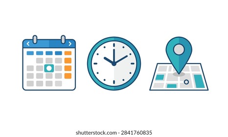 Three flat design vector icons: a blue calendar with date blocks, a circular analog clock, and a street map with a location pin. Suitable for planning and logistics.