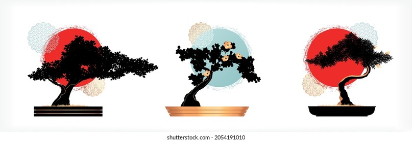 Three flat emblems in japanese style with bonsai tree silhouettes isolated vector illustration