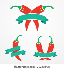 Three flat emblems with red chili peppers and ribbons