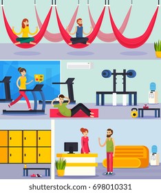 Three flat fitness training people orthogonal composition with yoga classes workout in gym and reception vector illustration