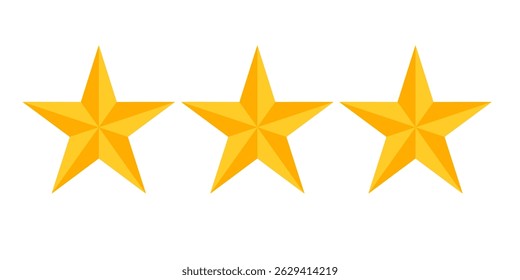 "Conjunto de três estrelas planas douradas de cinco pontos simétricos, isoladas sobre fundo branco. Ícone de vetor limpo perfeito para sistemas de classificação, avaliações de usuários, distintivos de conquistas, classificação de qualidade.