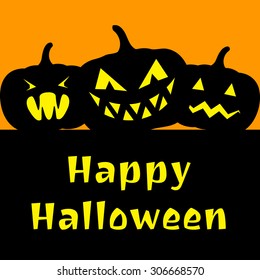 Three flat halloween black pumpkins on orange background