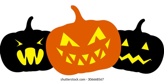 Three flat halloween orange and black pumpkins. Clip art