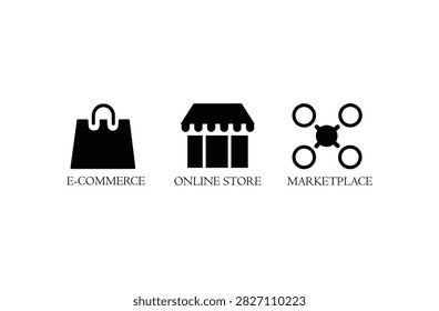 Three flat icons depict e commerce an online store and a marketplace on a white background ecommerce electroniccommerce onlinestore