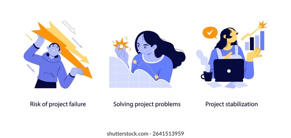 Three flat illustrations showing project failure risks, troubleshooting challenges, and stabilizing growth in business or development environments.