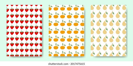 tres diseños planos minimalistas, naranja, cubierta de peras.