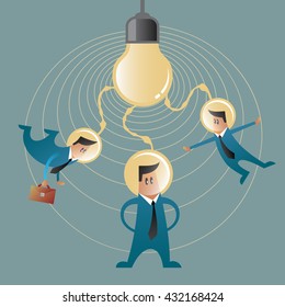 Three flat office men with space helmet on their heads connected to the light bulb. Teamwork and one idea for startups.
