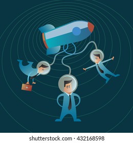 Three flat office men with space helmet on their heads connected to the rocket. Teamwork and one idea for startups.