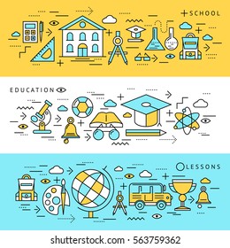 Three flat school banners set with isolated science and education equipment symbols and decorative lines arrows vector illustration  