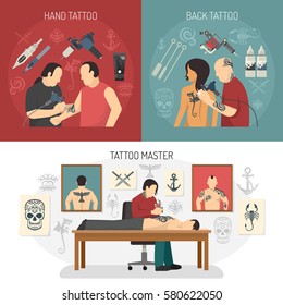 Three flat tattoo studio design concept set with hand and back tattoos and master descriptions vector illustration