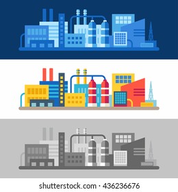 Three flat vector illustrations with scenes of factory buildings. Monochrome in blue and gray, colored isolated on white background