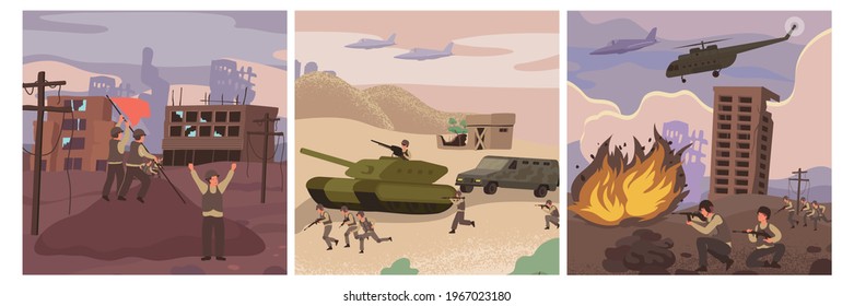 Three Flat War Icon Set With Victory Military Offensive And The Battle Vector Illustration