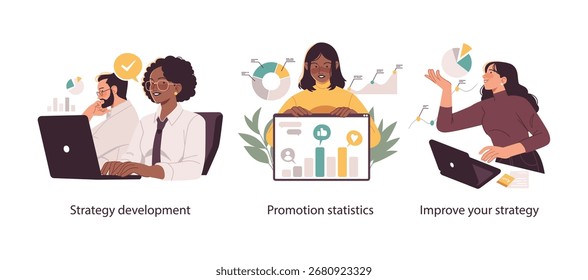 Three flat-style vector illustrations showing strategic development, analyzing promotional statistics, and refining business strategies for better results.