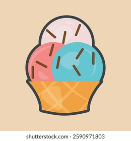 three flavor ice cream bowl with outline flat vector design.