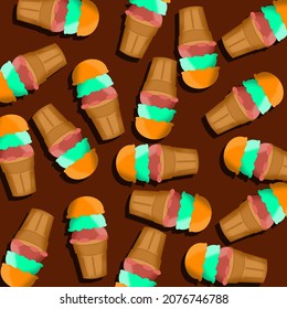 Three flavor ice cream cone pattern, chocolate flavor, vanilla blue flavor and chocolate flavor on a brown background