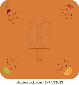 Three flavor ice cream icon or popsicle with brown lines. background with fruits
