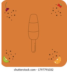 Three flavor ice cream icon or popsicle with brown lines. background with fruits