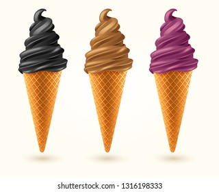 Three flavored ice cream cones isolated on white background : Vector Illustration