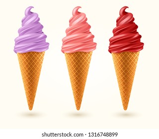 Three flavored ice cream cones isolated on white background : Vector Illustration