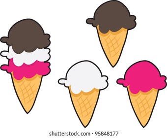 Three flavored ice cream scoops. Vanilla, chocolate and strawberry.