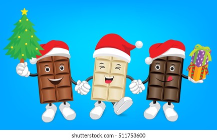 Three flavors of chocolate character dressed in Santa hat. Christmas and New Year winter style. Funny cute illustration.