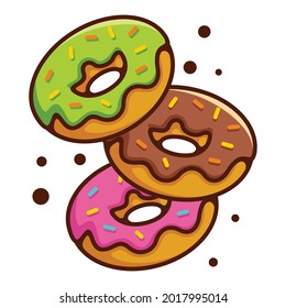 Three flavour of donuts cartoon symbol logo style line art illustration design vector