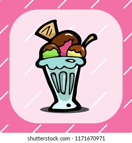 three flavour of ice cream in the glass cartoon object, vector doodle art