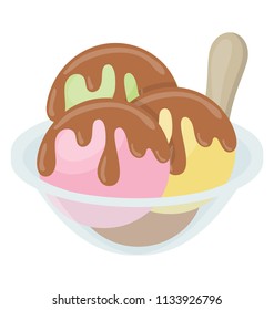 
Three flavoured ice cream scoops in a cup with melted chocolate dip over it, nepotalian ice cream 
