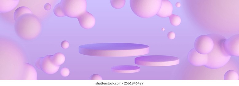 Tres podios circulares flotantes rodeados de blobs esféricos suaves. Ambiente de color rosa pastel y púrpura con etapas de cilindros voladores y Elementos de decoración metaball fluida abstracta para la presentación del producto.