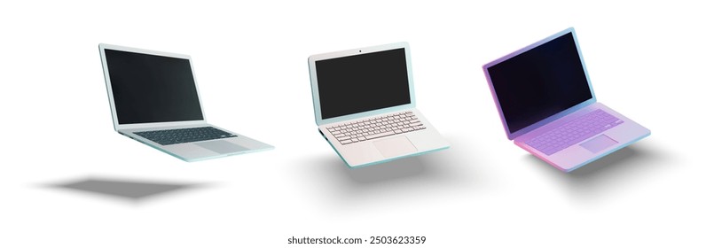 Drei schwebende Laptops in minimalistischem Design, jedes mit einem anderen Farbschema. Dank seiner schlanken und modernen Optik eignet es sich ideal für Technologieaktionen, Online-Services oder Präsentationen digitaler Produkte.