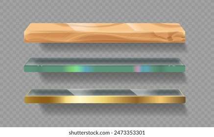 Three Floating Shelves Made Of Wood, Glass, And Metal Materials. Realistic 3d Vector Mockups For Interior Decoration