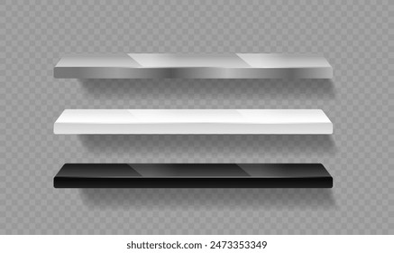 Three Floating Shelves In Silver, White, And Black. Each Shelf Has A Minimalist Design On Transparent Background